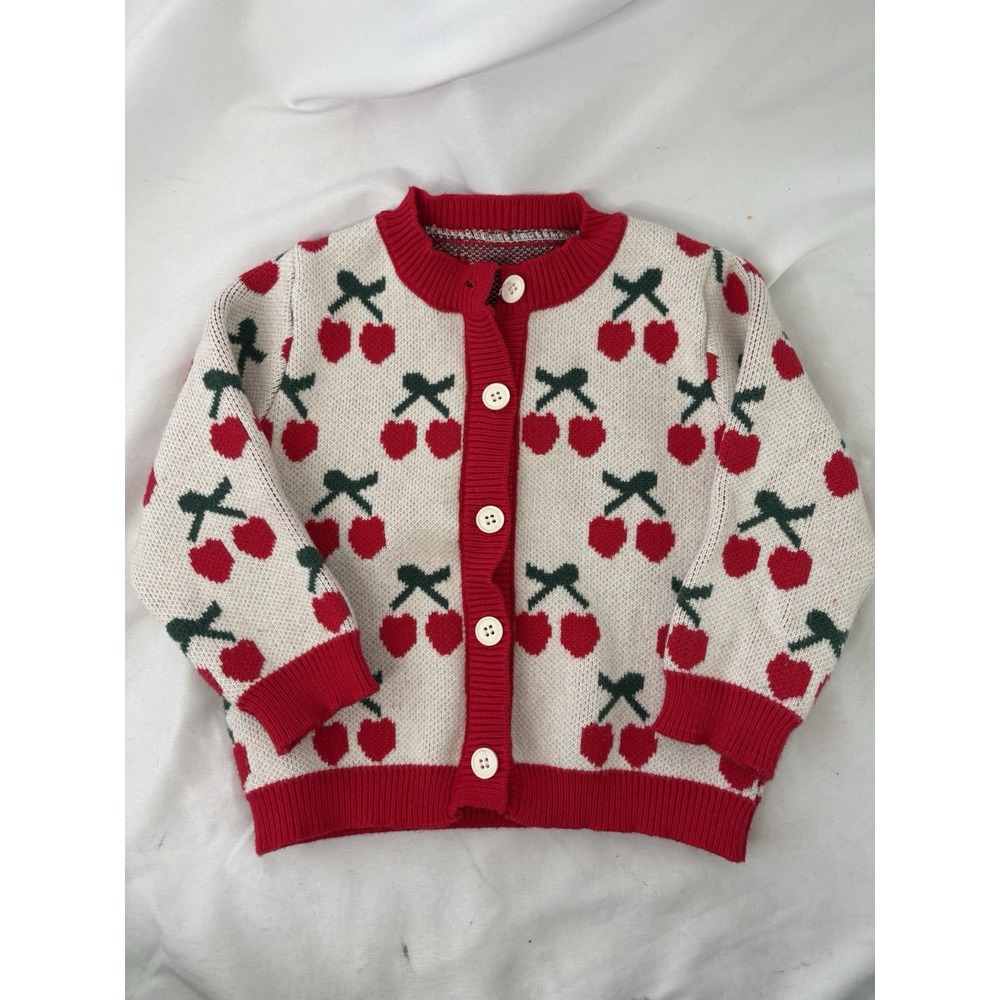 Mikistory Baby Girl 12-18m Knit Cardigan Sweater Cherry Cherries Button Down
